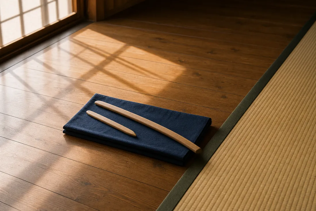 Wooden practice weapons resting on a folded cloth beside a tatami edge