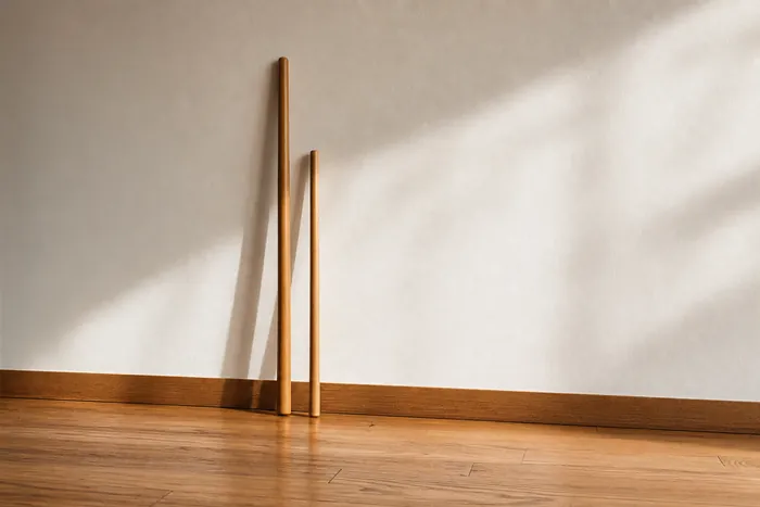 A long bo and a shorter jo staff resting against a dojo wall