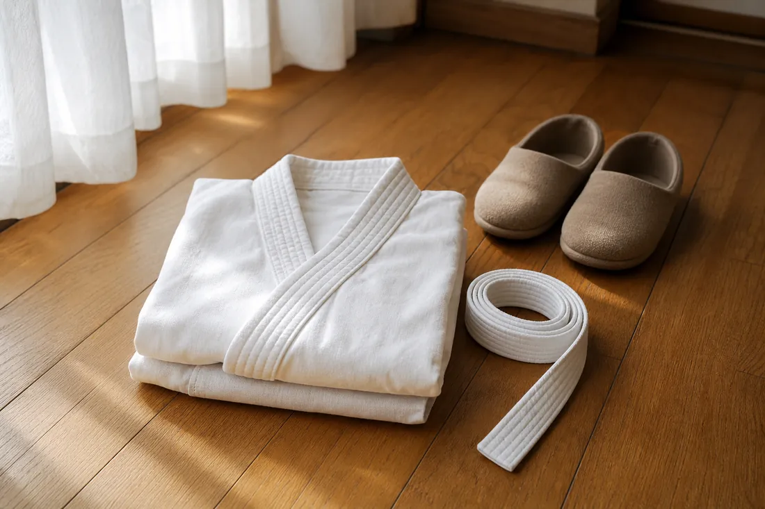 A small folded white karate uniform and white belt on a wooden floor