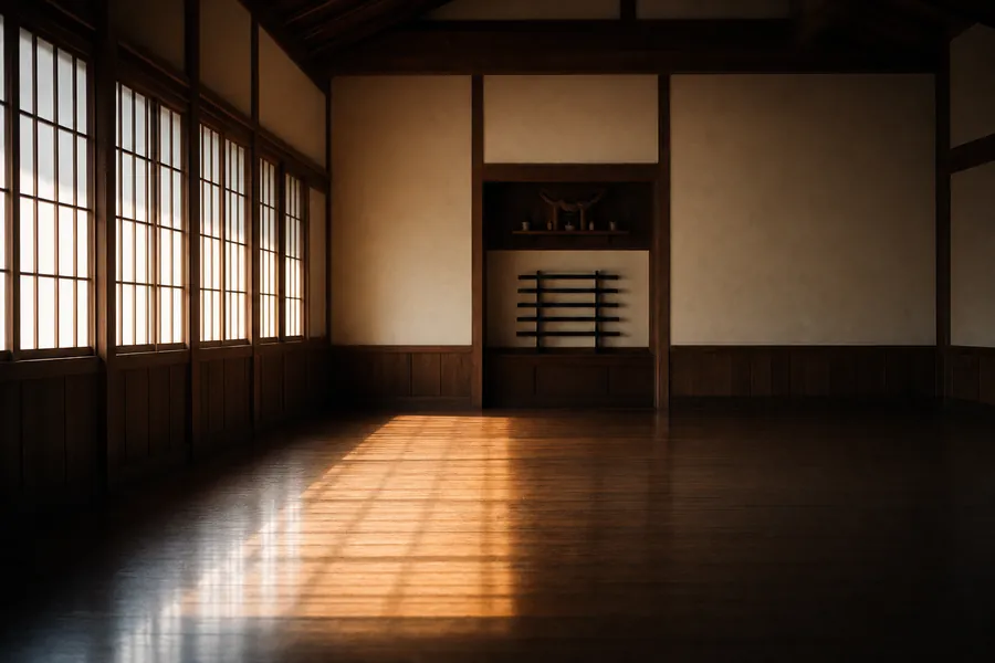 Late afternoon light across an empty traditional dojo floor