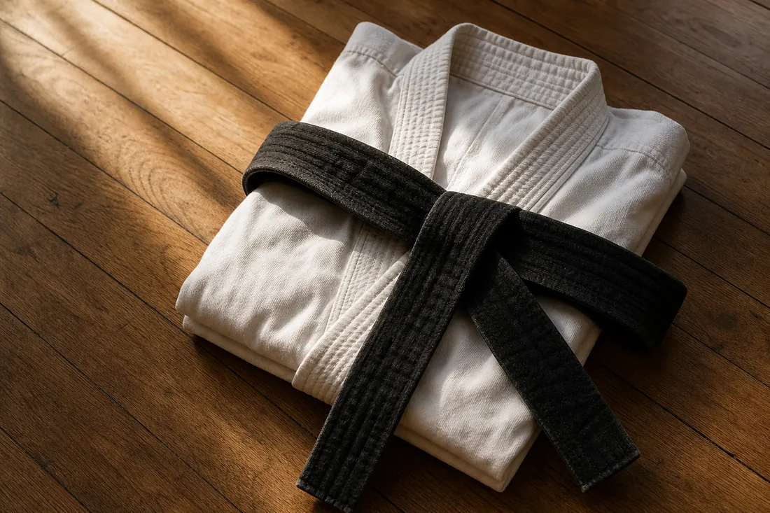 A folded white karate uniform with a black belt laid across it on a wooden floor