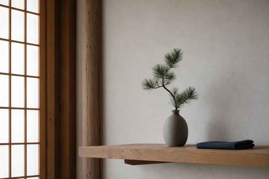 A sprig of pine in a stone vase on a wooden shelf beside a paper screen window